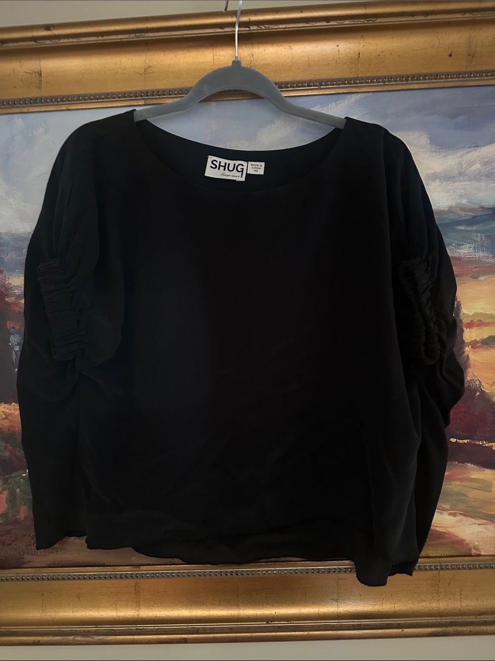 SHUG Black Short-Sleeve Ruched-Sleeve Blouse